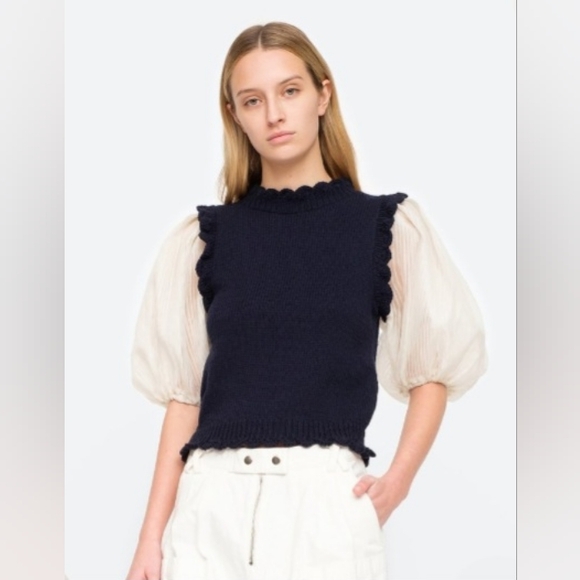 SEA New York Navy Blue Olive Sweater with Organza Sleeves Size Medium - Picture 1 of 15